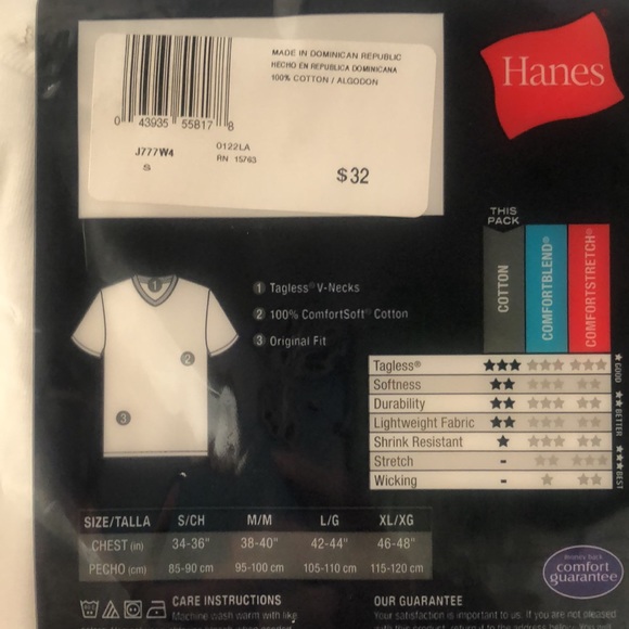 Hanes 4 Pack Tagless V Neck 100% Cotton Original Fit Oder Protection Wicking - Picture 6 of 6
